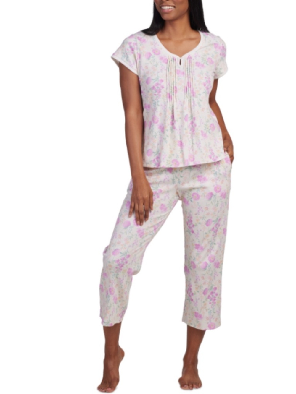 Miss Elaine Women's 2-Pc. Cropped Floral Pajamas Set - Pink Floral Size S 12036
